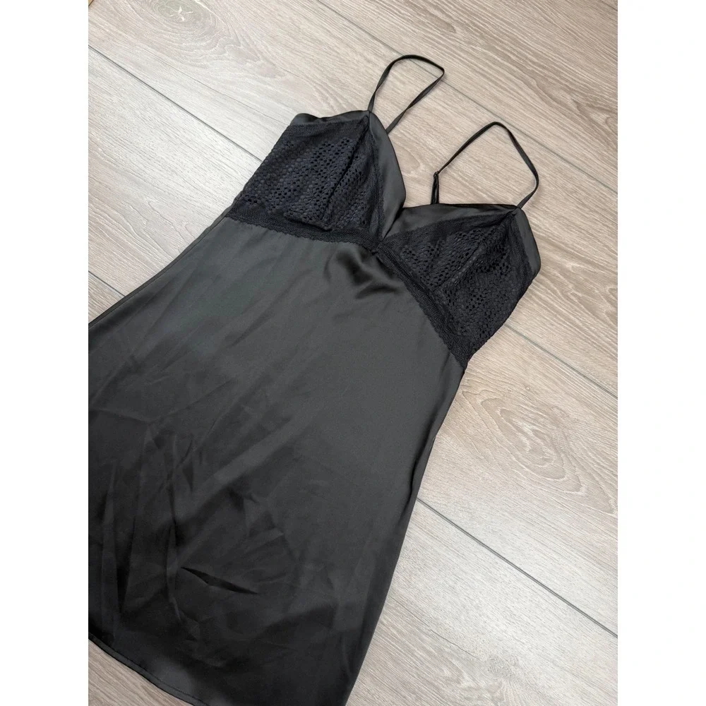 iCollection Womens Chemise Nightgown Lace Trim Satin Slip Black Small 7920